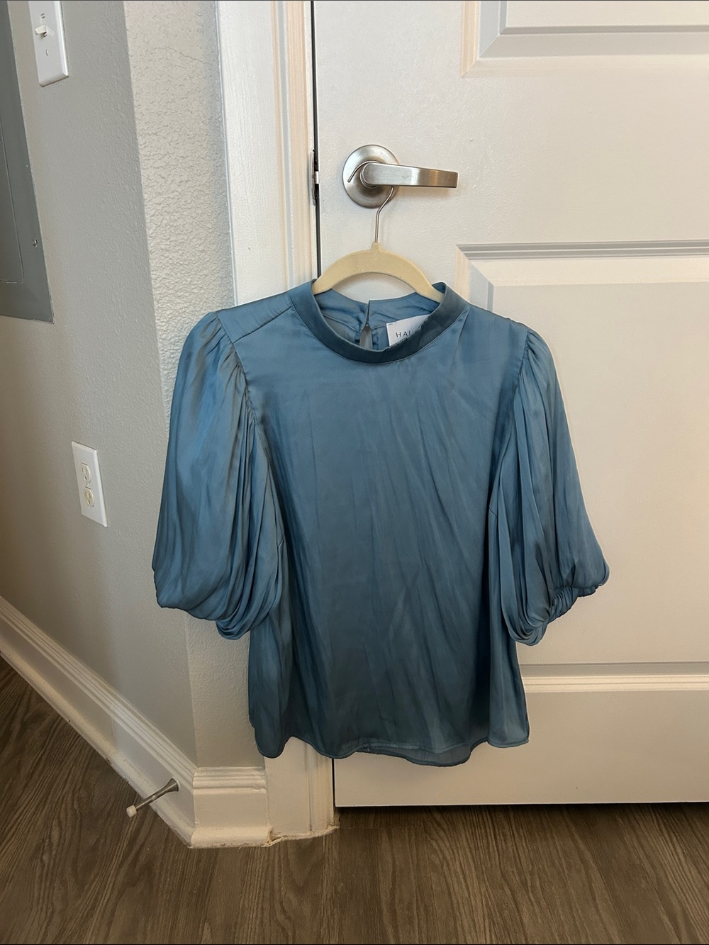 Hausen Dusty Blue Satin Puff Sleeve Blouse